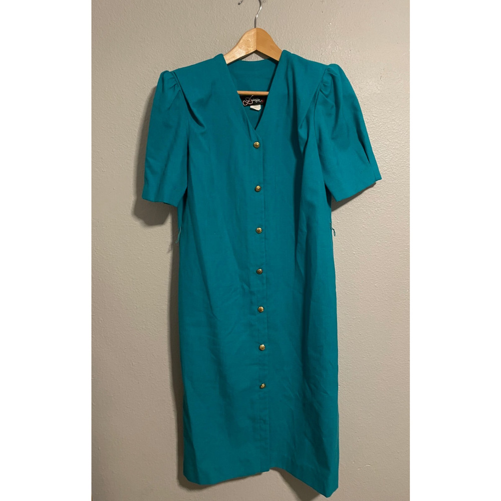 Vintage Damon Womens Midi Dress Size 8 Teal Rayon Blend Gold Buttons Secretary